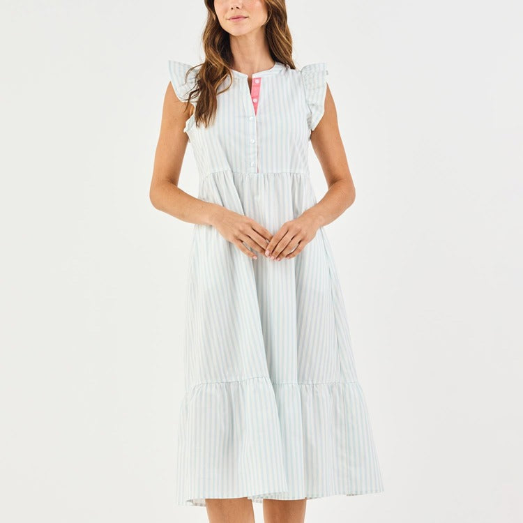 Mary Square Riley Flutter Dress In Blue Pin Stripe