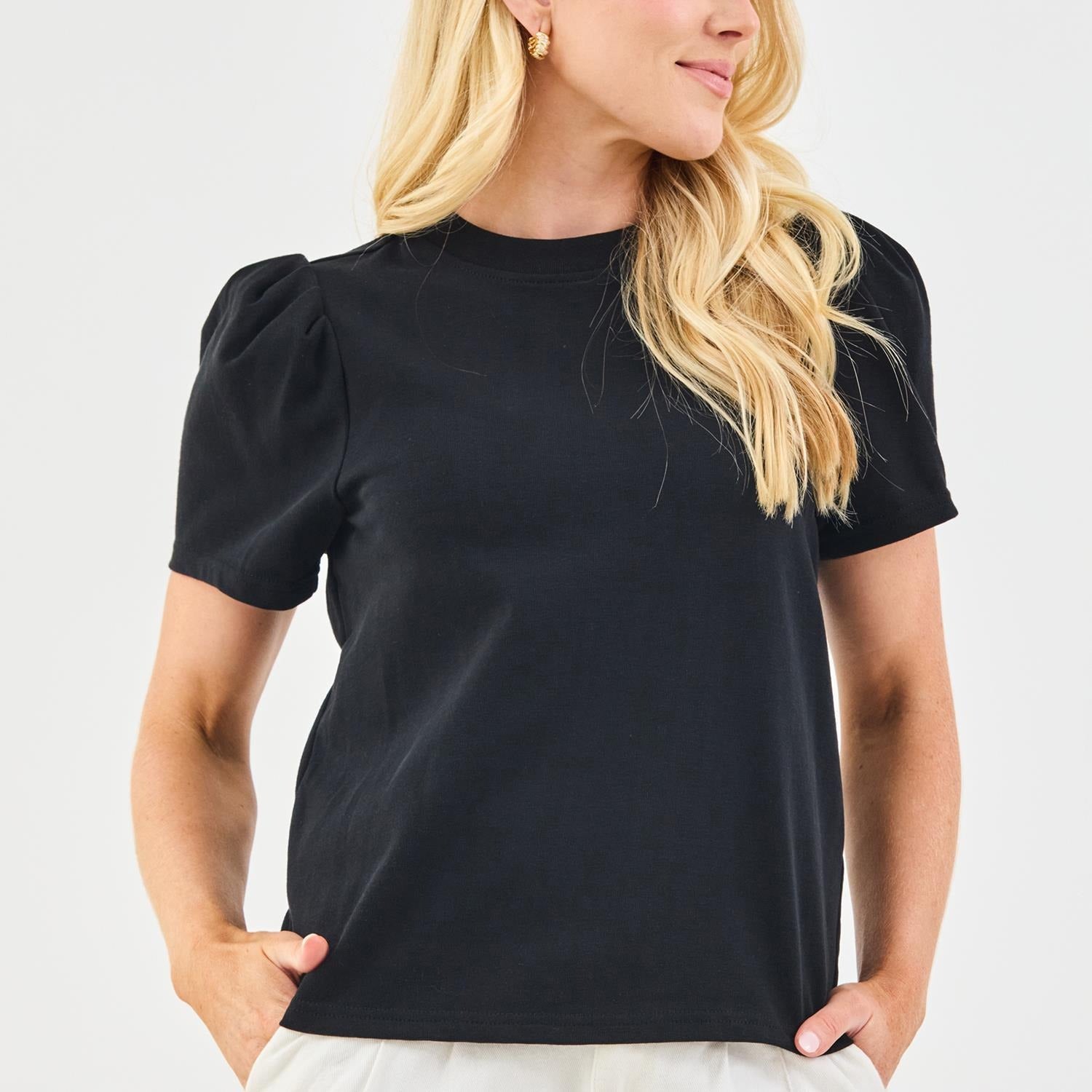 Mary Square Larissa Pleat Sleeve Tee In Black