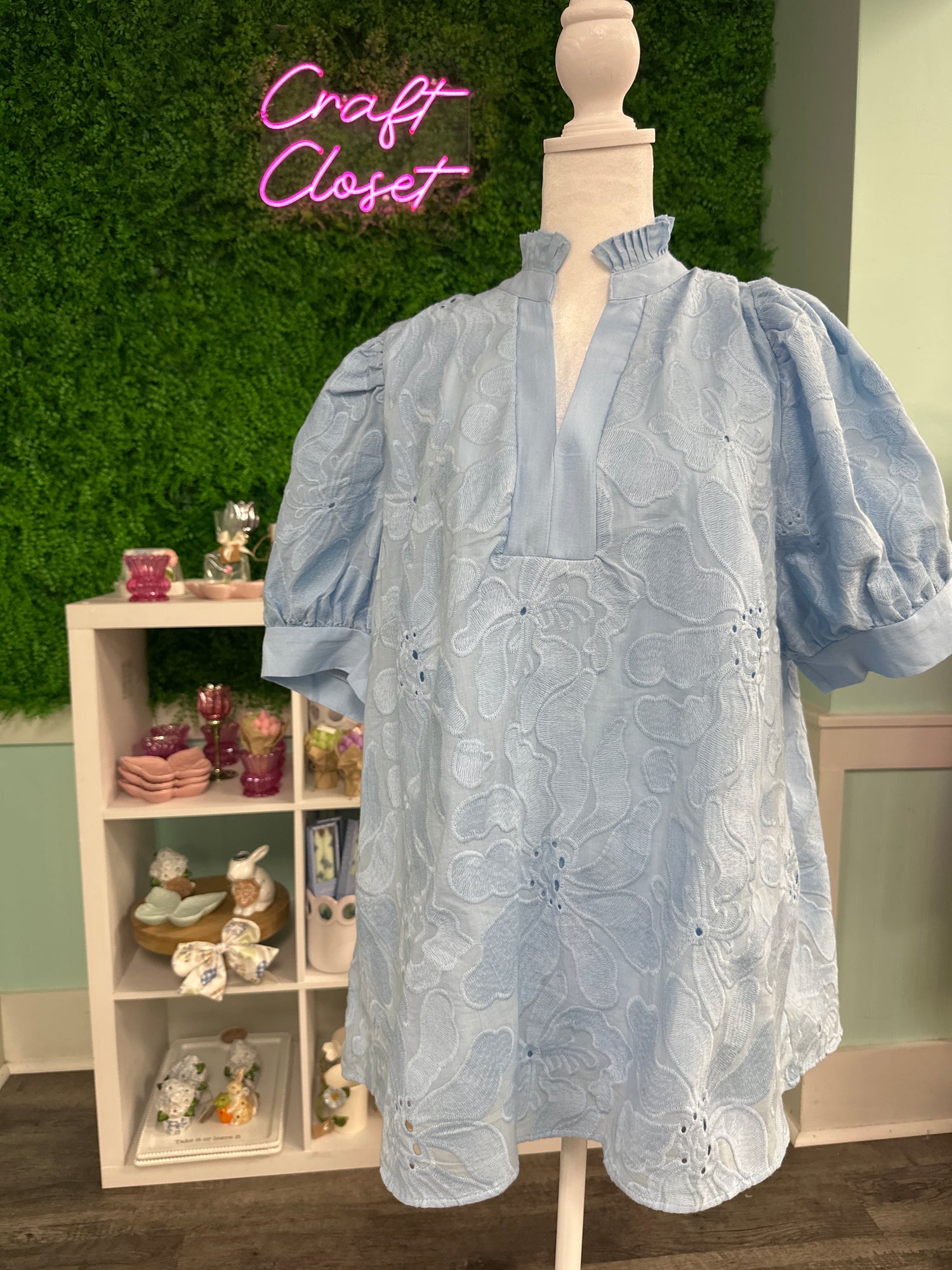 Entro Floral Embroidered Puff Sleeve Top In Light Blue PLUS Size