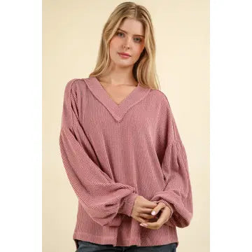 Two Tone Otto Ribbed V-Neck Oversized Knit Top