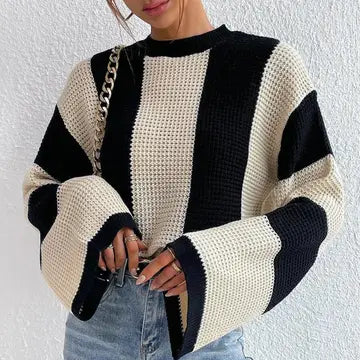 Lily Clothing- Crew-Neck Striped Design of A Niche Sweater APRICOT