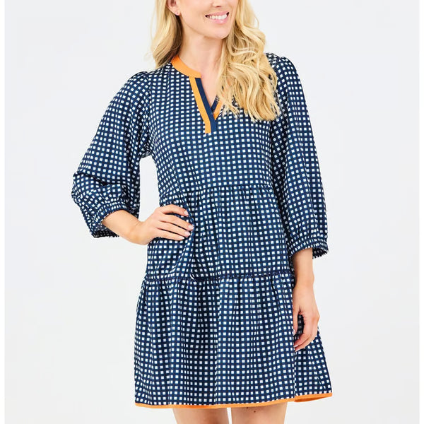 Mary Square Cooper Gingham Dress In Navy & Orange
