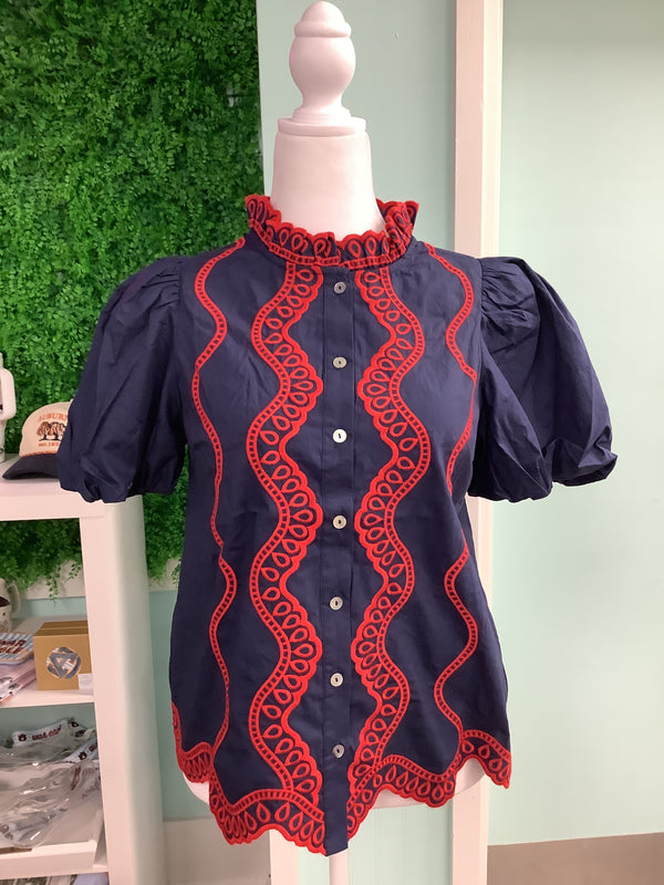 ENTRO Solid Short Puff Sleeve With Embroidered Scallop Detail In Navy