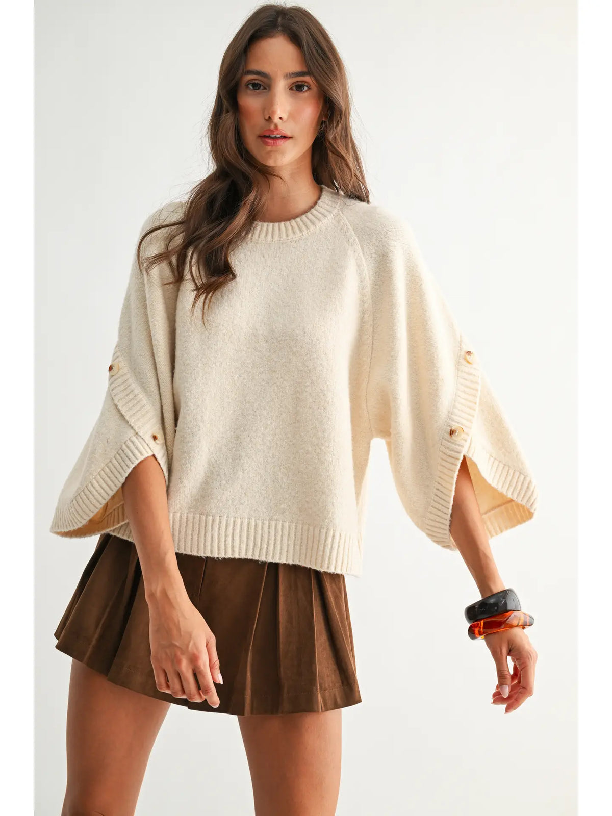 Camellia Cream Button Sleeve Knit Pullover