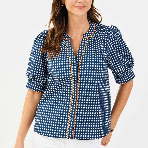 Mary Square Elaine Gingham Navy & Orange Top