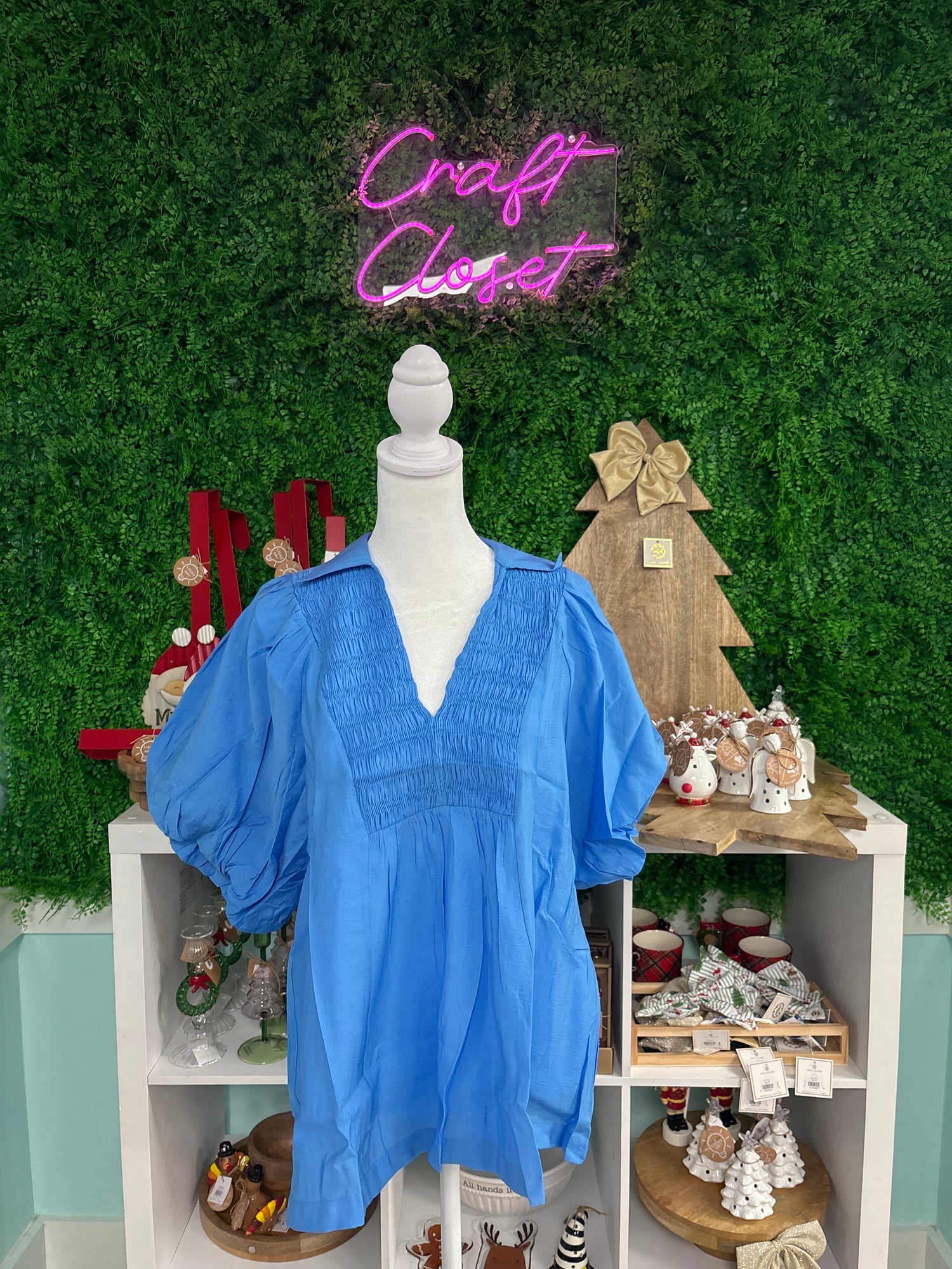 Umgee Smocked V Neck Puff Sleeve Top In Ocean