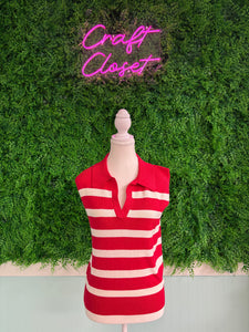 Barefoot Ladies #2050 Red Stripe Collared Split Neck Sweater Vest