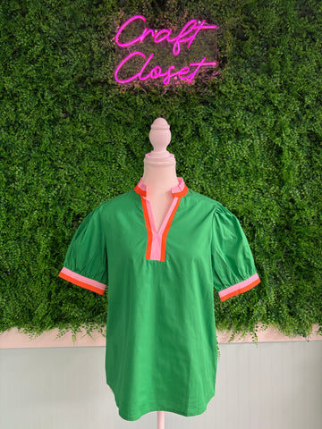 Barefoot Ladies #2080 Bright Green Contrast Striped V Neck Collision Short Puff Sleeve Blouse