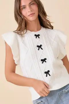 Main Strip- Ruffle Sleeve Sweater Knit Top Ribbon Bow Detail OFF WHITE