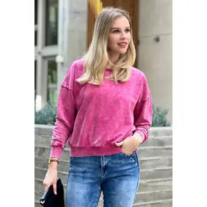 SC- French Terry Acid Wash Boat Neck Pullover ASH PINK