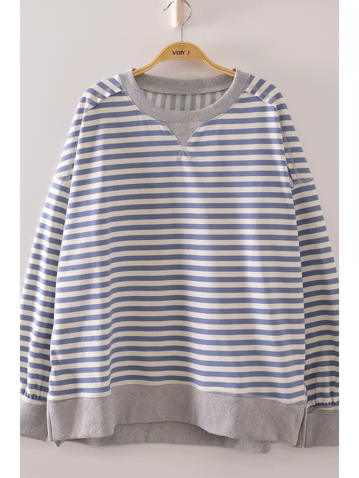 Very J- Stripe Comfy Casual Oversized Knit Top (Denim/Cream)
