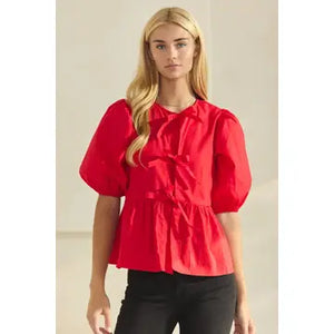 Oddi- Plus Solid Cotton Poplin Front Tie Ribbon Blouse Red