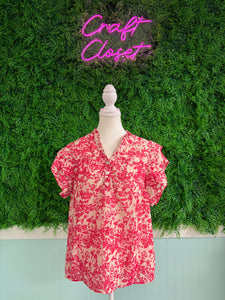 Barefoot Ladies #2065 Rose Allover Printed Half Button Neck Ruffle Sleeve