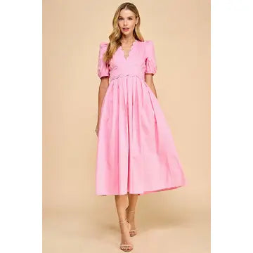 TCEC- V Neckline Scalloped Detail Midi Dress (Pink)