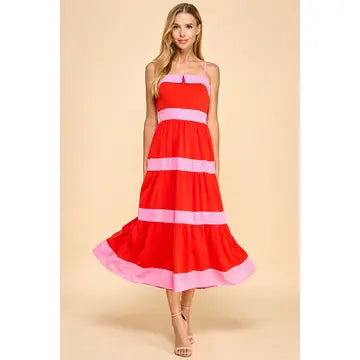 TCEC- Tiered Midi Dress with Alternating Pink Stripes