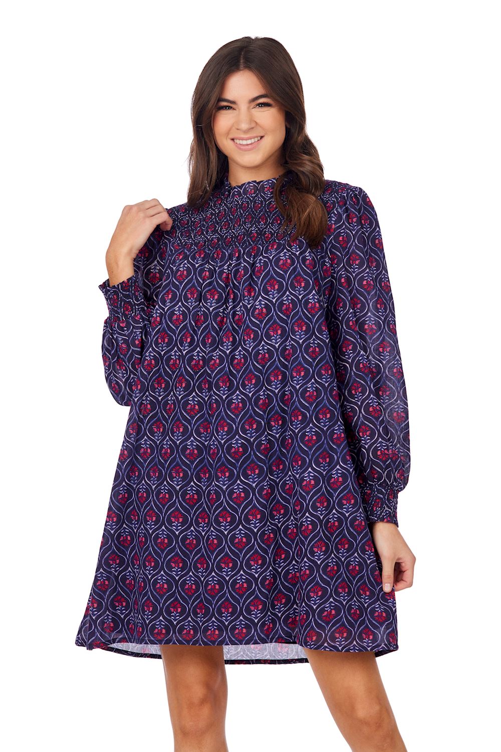 Mudpie- Navy Block Print Bennington Smocked Dress 
