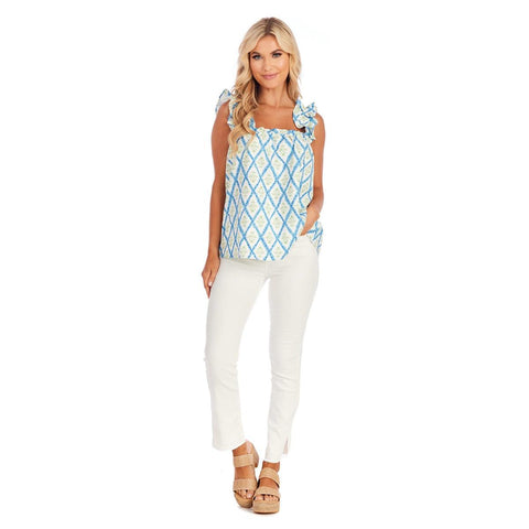 Mudpie- Blue Floral Block Print Charlie Ruffle Top  #85100182