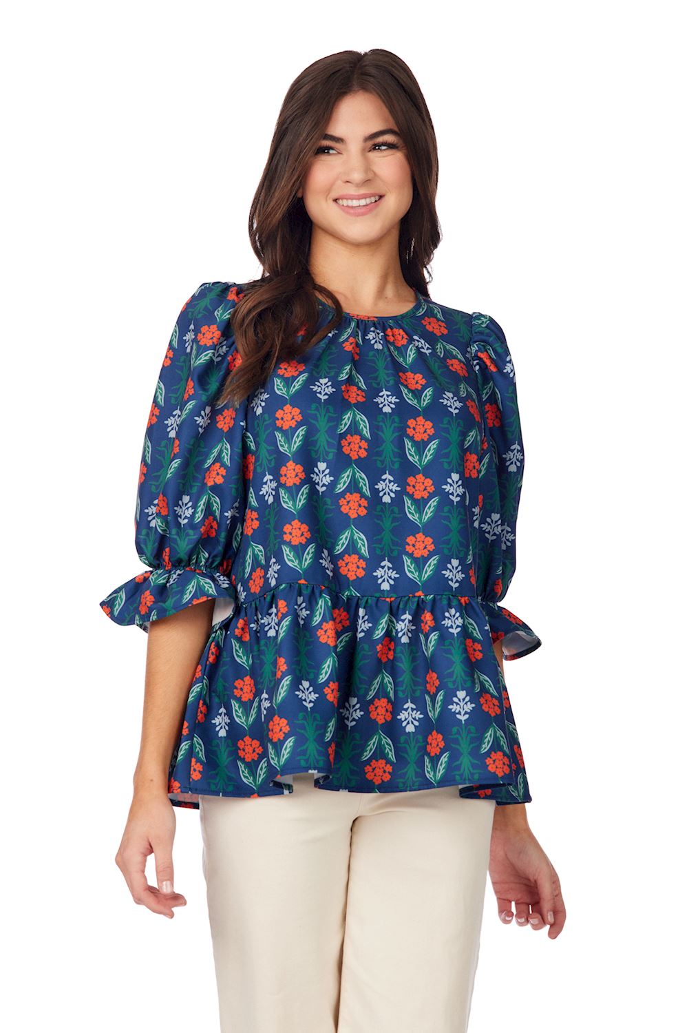 Mudpie- Navy Floral Pierce Flounce Top #85100193
