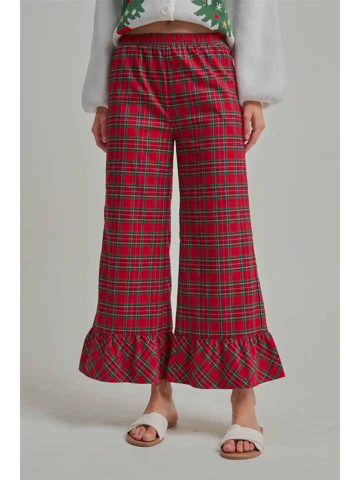 BON Christmas Plaid Casual Wide Leg Pants