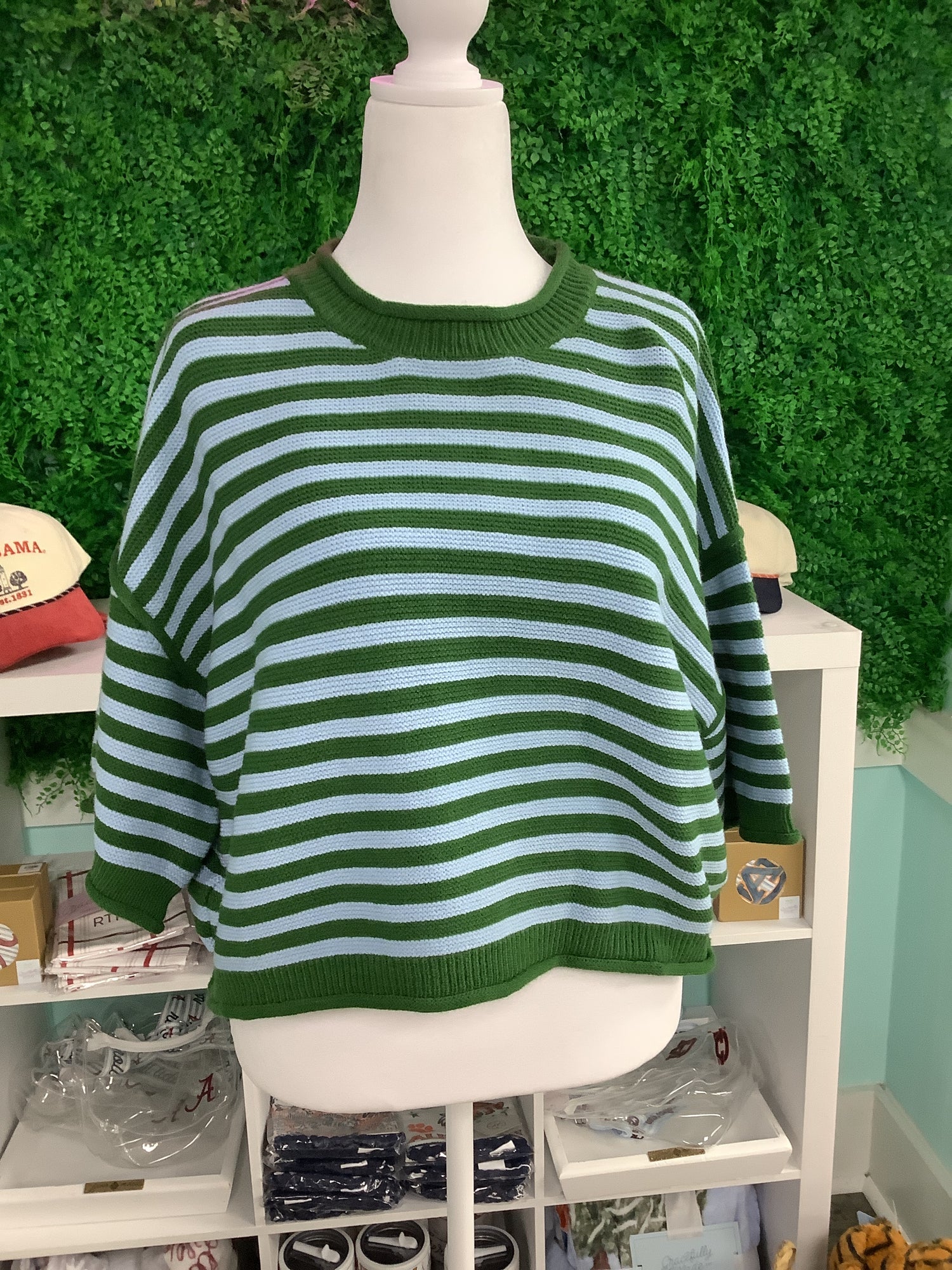 ENTRO Striped Round Neck Short Sleeve Sweater Top In Green