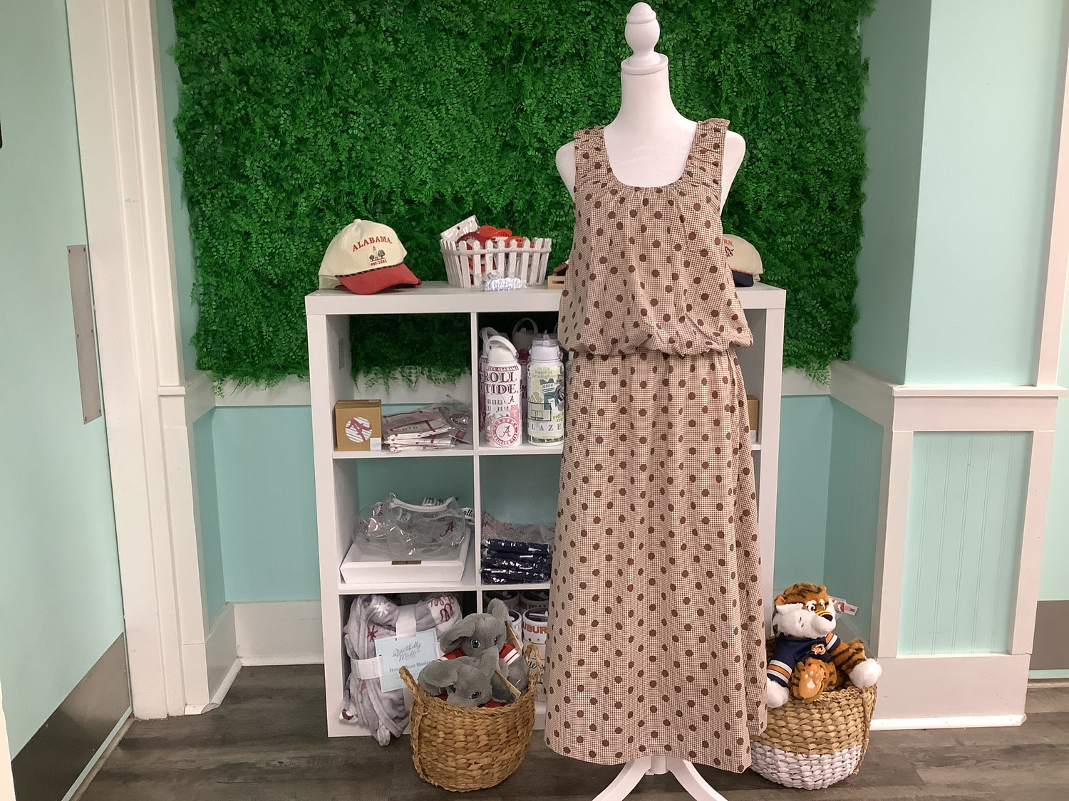 ENTRO Gingham Polka Dot Midi Skirt In Mocha