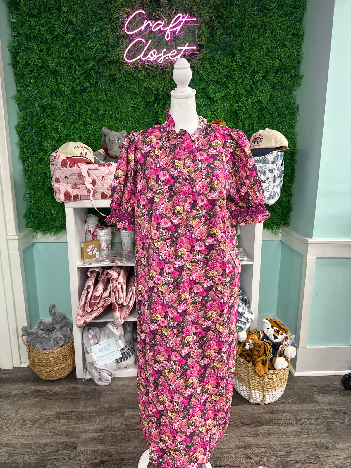 ENTRO Floral Short Puff Sleeve Midi Dress In Magenta PLUS Sizes