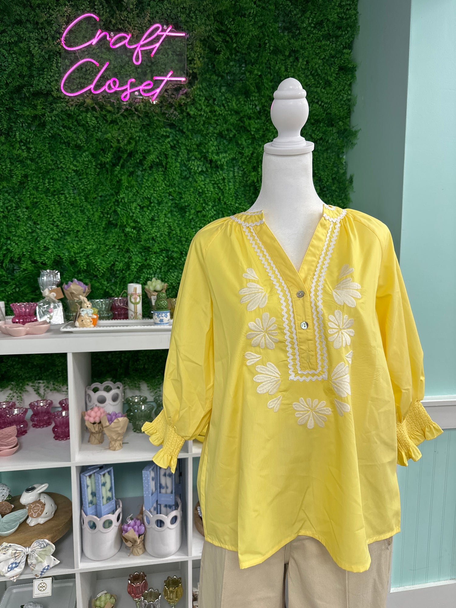 Entro Solid Top With Embroidered Neckline In Lemon