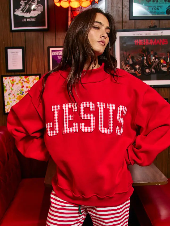 Gingham Applique Mock-Neck Sweatshirt