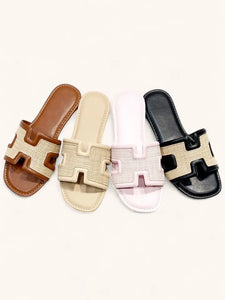 Bamboo H-Shaped Cutout Woven Upper Slide Sandal