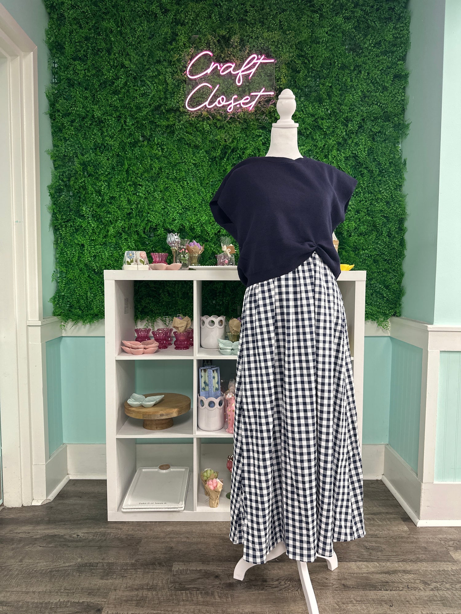 ENTRO Gingham Midi Dress With Removable Pullover In Navy