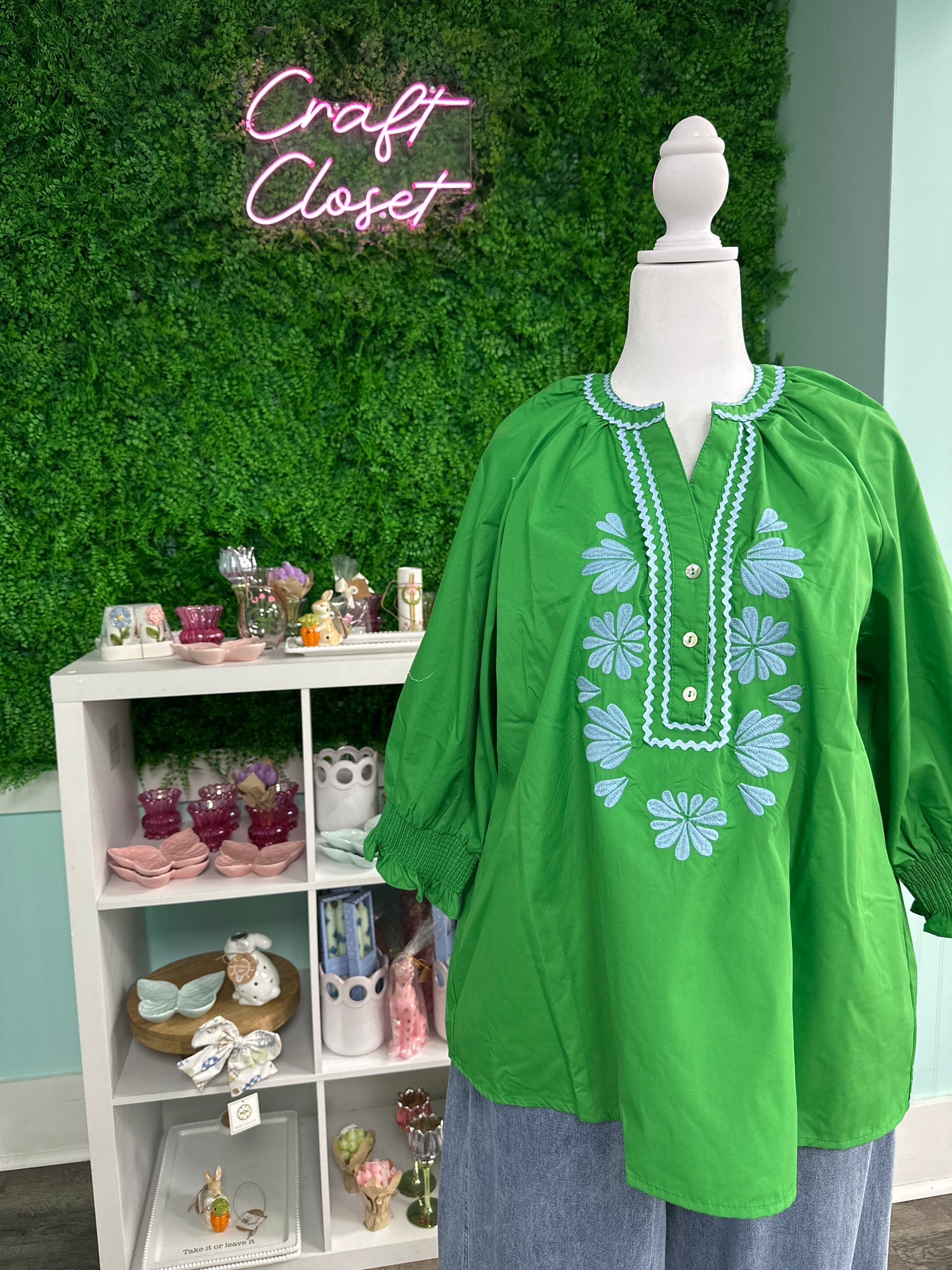 ENTRO Solid Top With Embroidered Neckline In Green PLUS Size