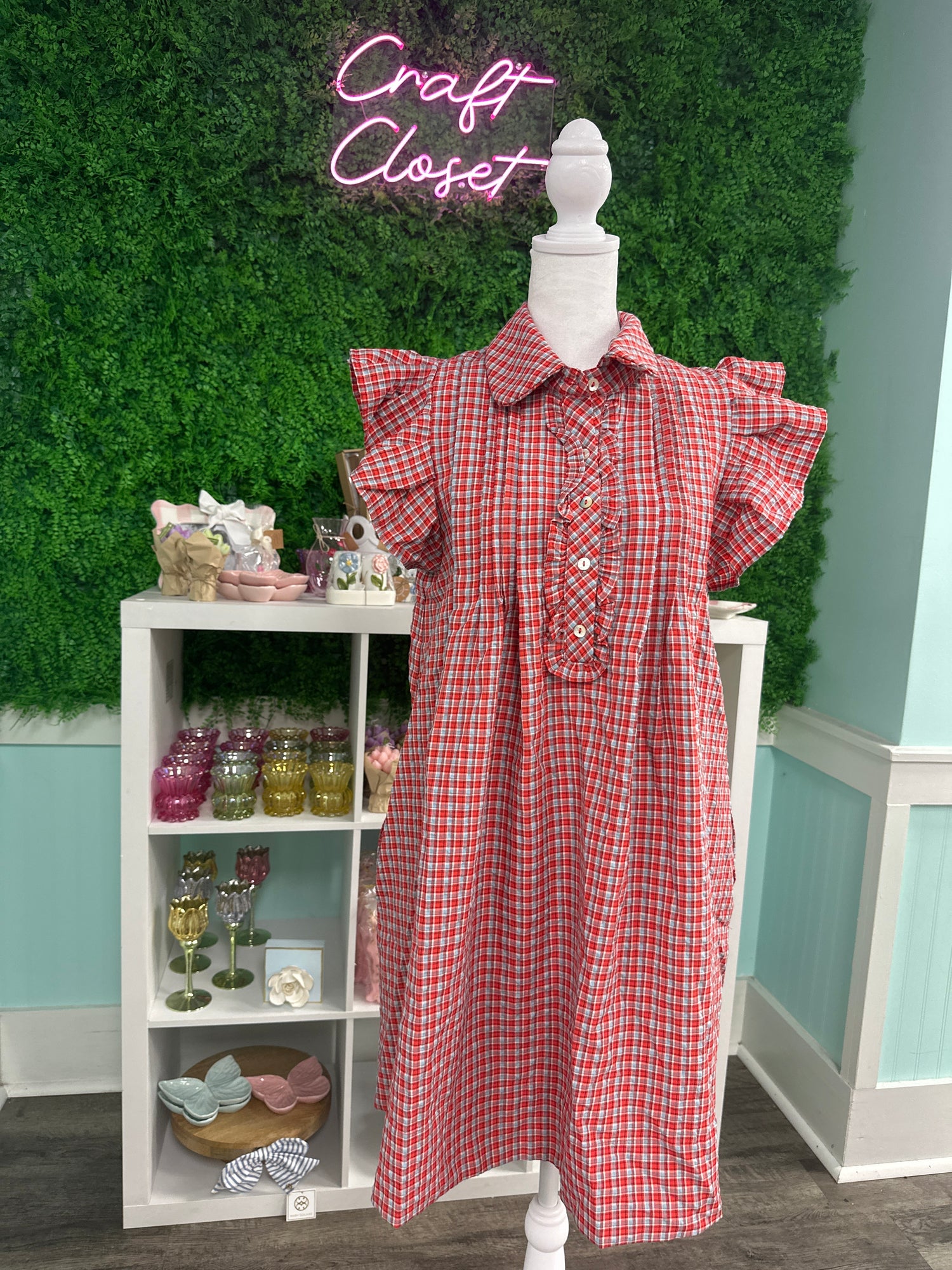 ENTRO Gingham Flutter Sleeve Mini Dress In Red