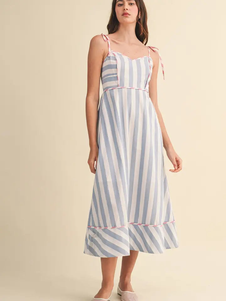 &MERCI Striped Contrast Binding Midi Dress