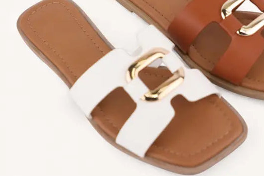 White Faux Leather Chic Buckle Slip On Flat Slide Sandals