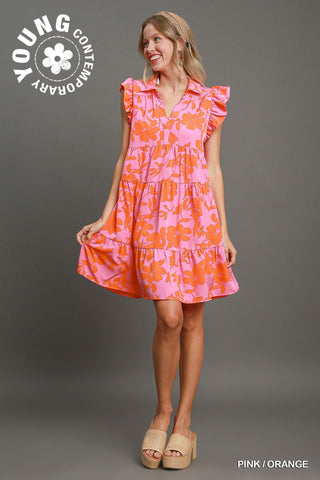 Umgee Floral Tiered A Line Dress In Pink & Orange *COMING SOON*