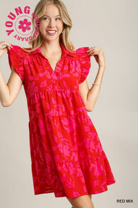 Umgee Floral Tiered A Line Dress In Red & Pink *COMING SOON*