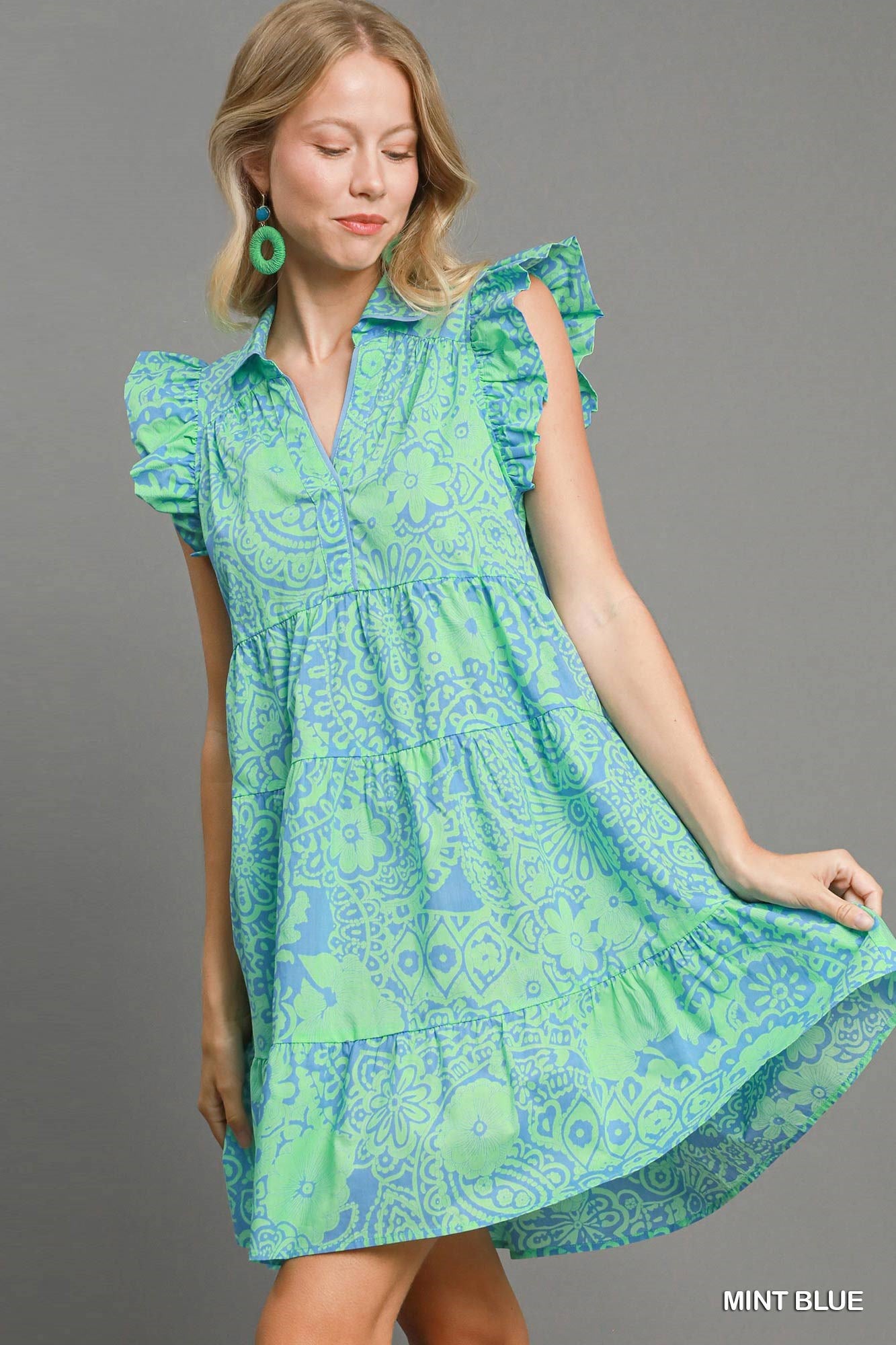 UMGEE Medallion Print Ruffle Dress In Mint Blue