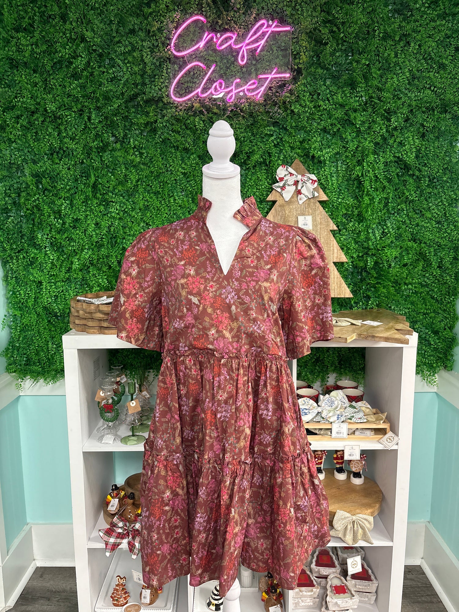 Entro Brown Botanical V Neck Tiered Mini Dress *FINAL SALE*