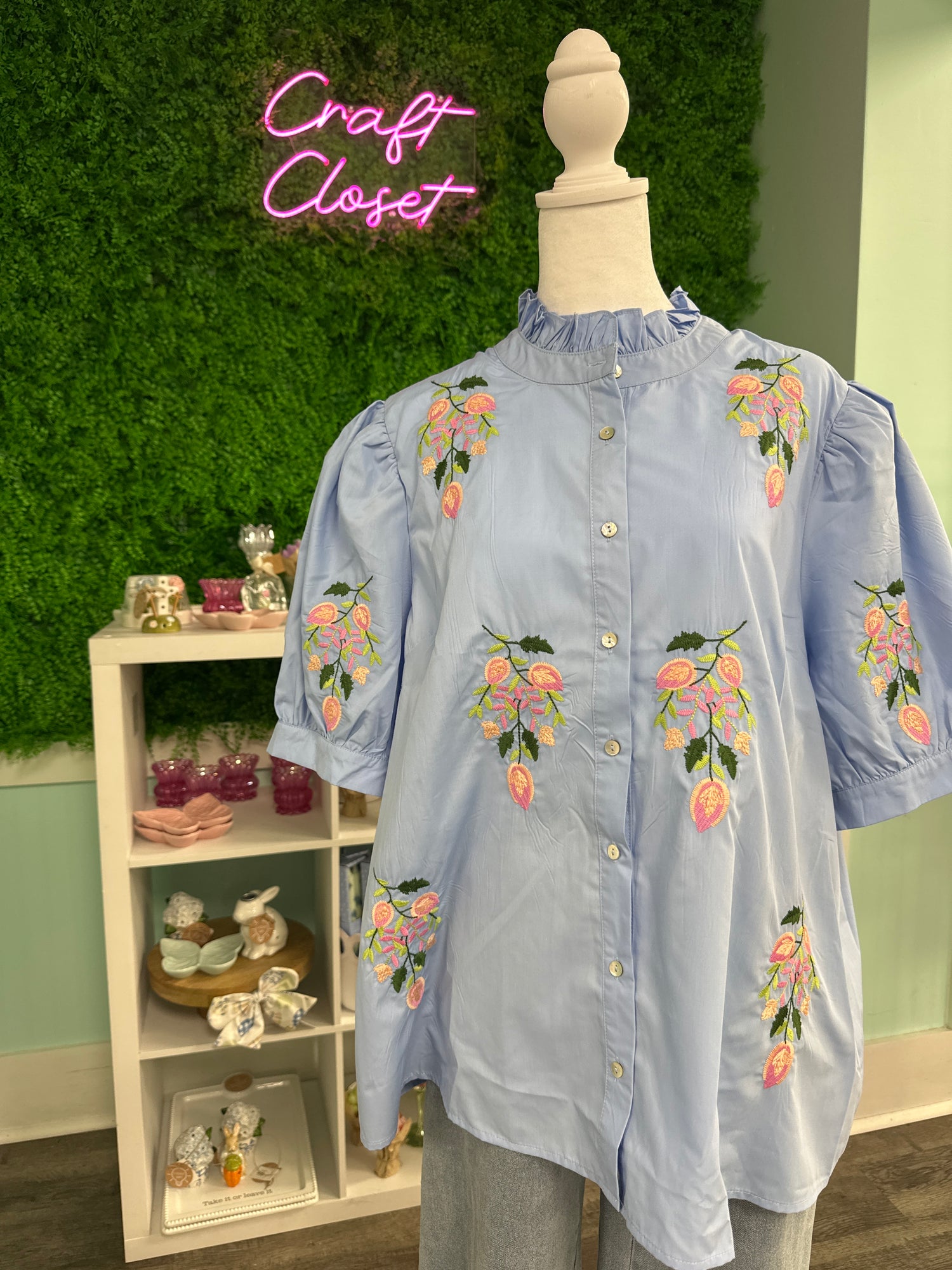 Entro Short Puff Sleeve Top With Floral Embroidery In Chambray PLUS Size