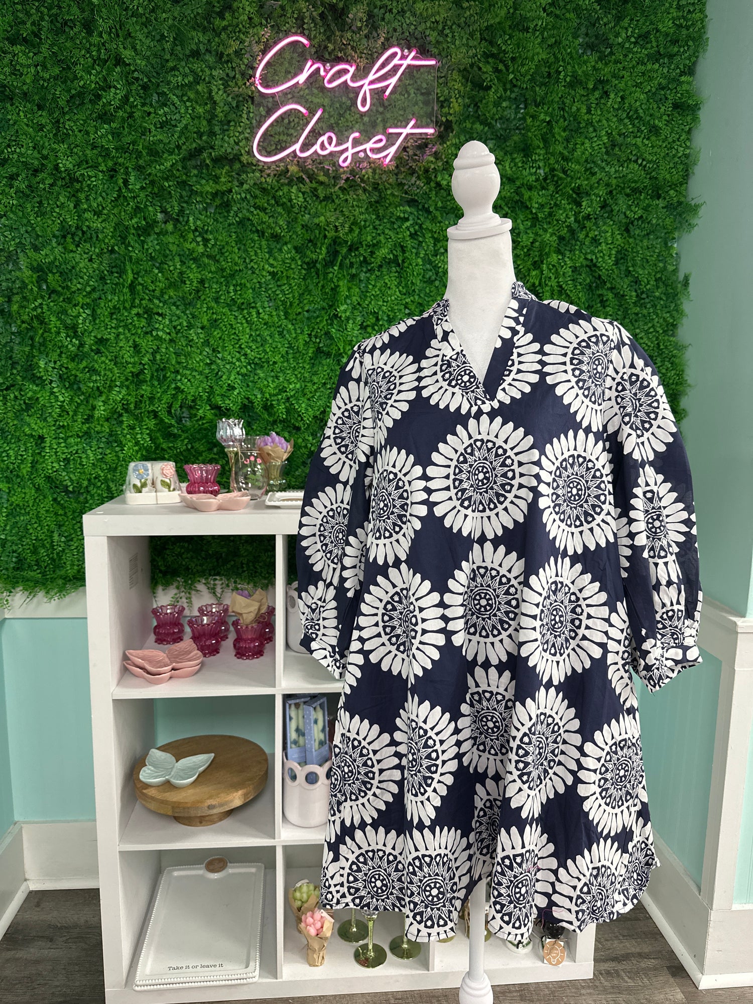 ENTRO Puff Sleeve Mini Dress With V Neckline In Navy