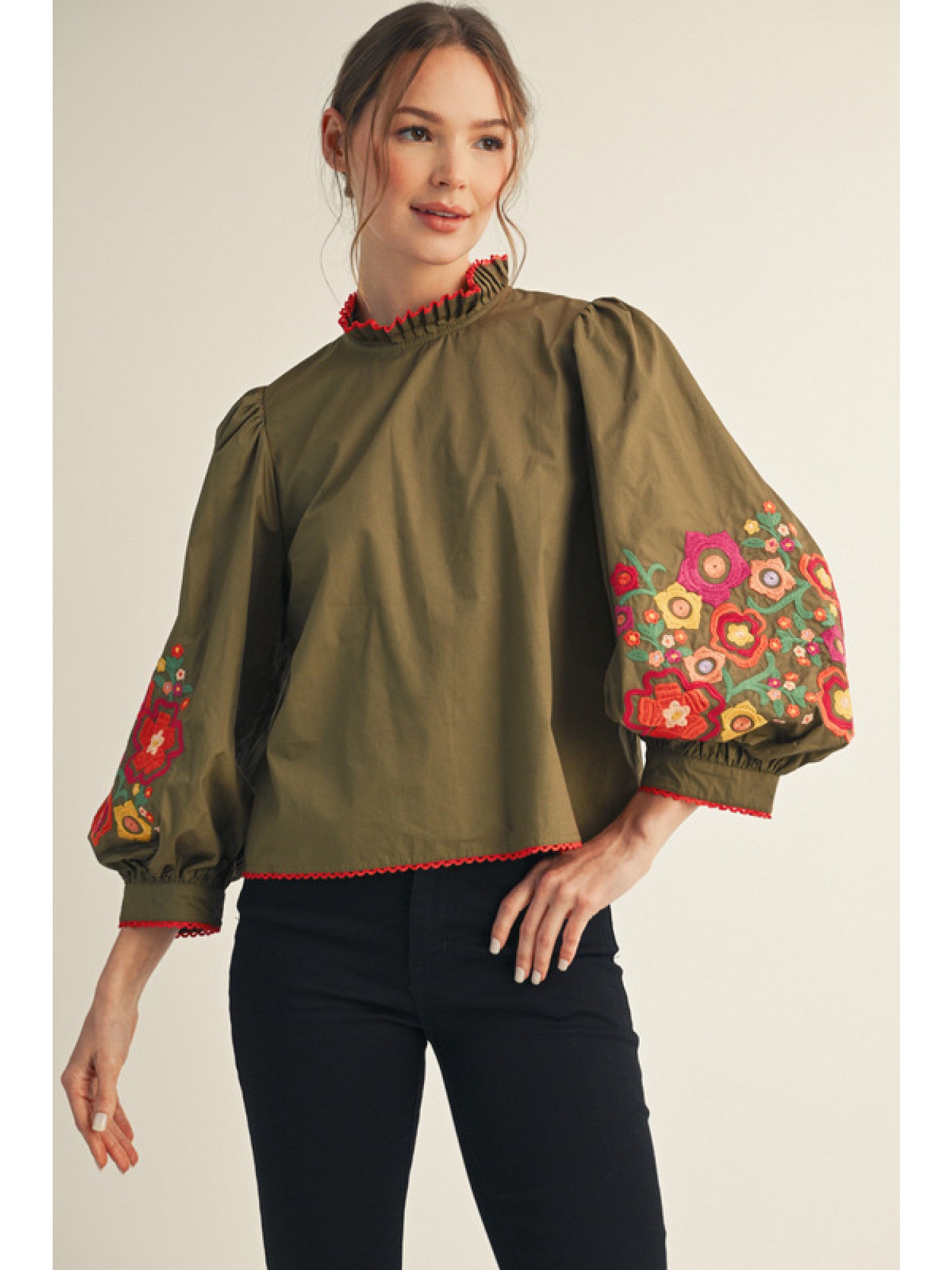 Jodifl 3/4 Balloon Sleeve Top With Embroidery In Olive