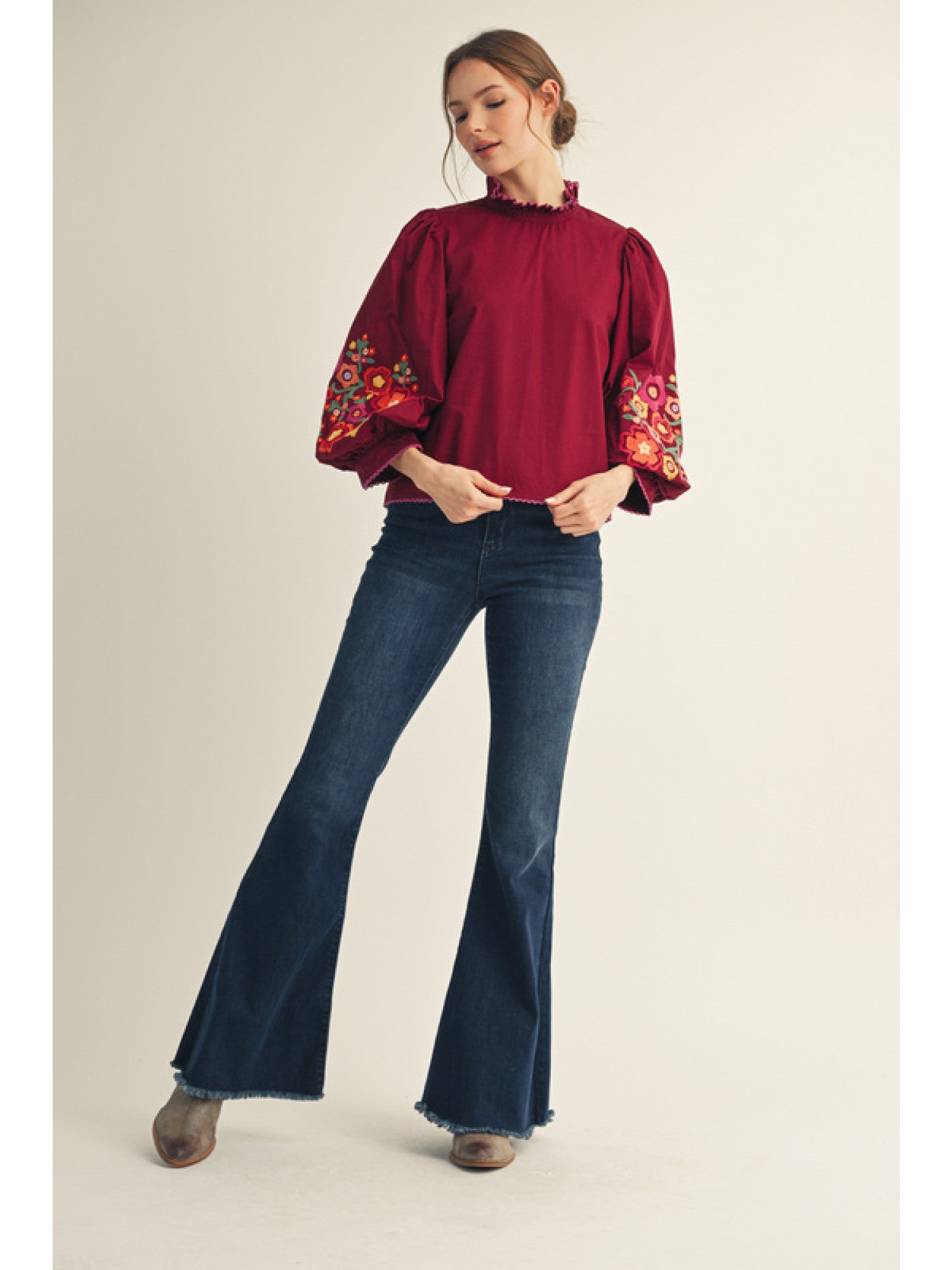 Jodifl 3/4 Balloon Sleeve Top With Embroidery In Burgundy *COMING SOON*