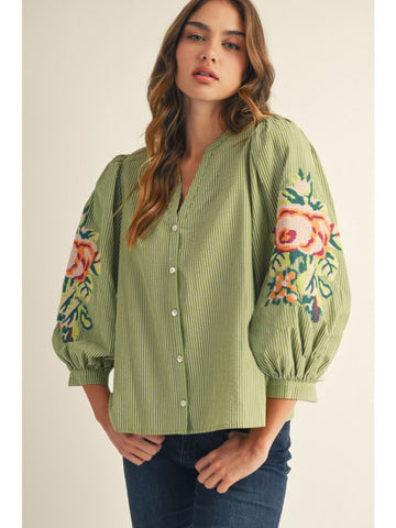 Jodifl Embroidered Puff Sleeve Button Down In Olive