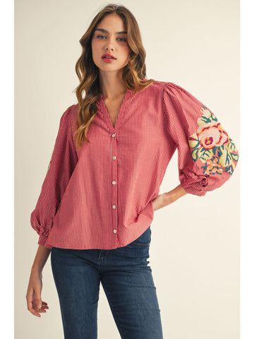 Jodifl Embroidered Puff Sleeve Button Down In Red