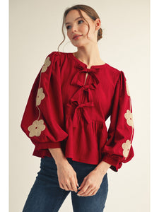 JODIFL Embroidered Sleeve Top In Burgundy