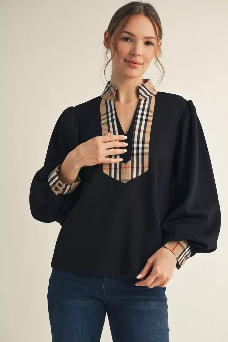Jodifl Long Puff Sleeve Top With Plaid Contrast Trim In Black *COMING SOON*