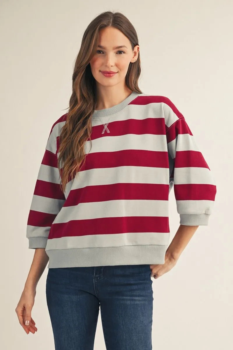 Jodifl Drop Shoulder 3/4 Sleeve Bold Stripe Top In Burgundy *COMING SOON*