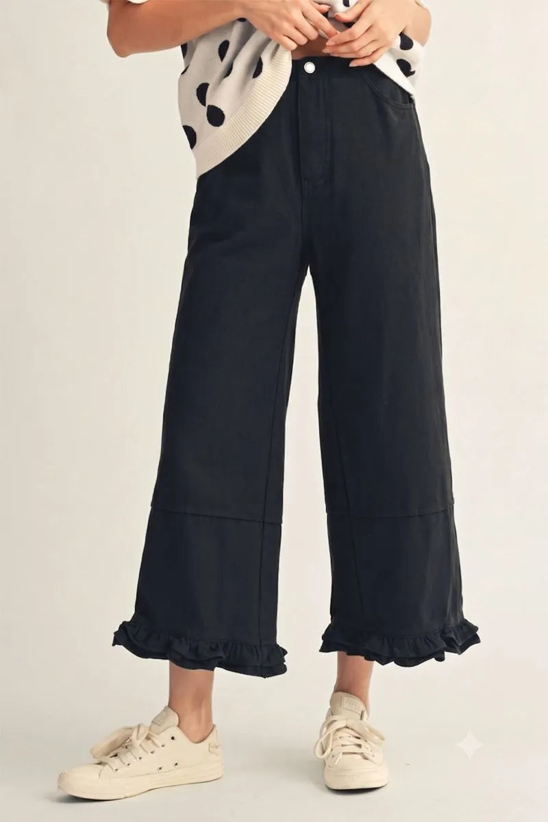 Jodifl Wide Leg Ruffle Hem Pants In Black