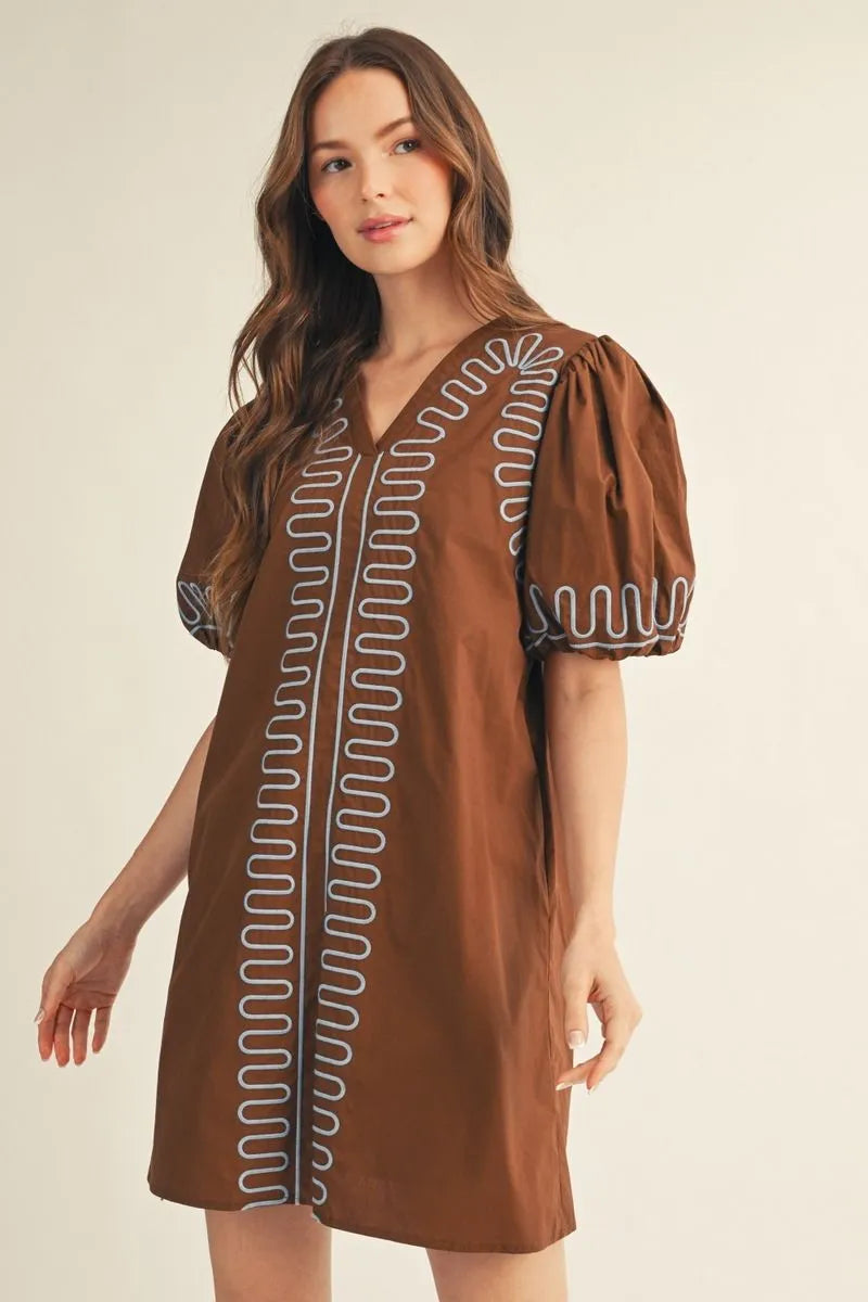 Jodifl Puff Sleeve Embroidered Shift Dress In Brown