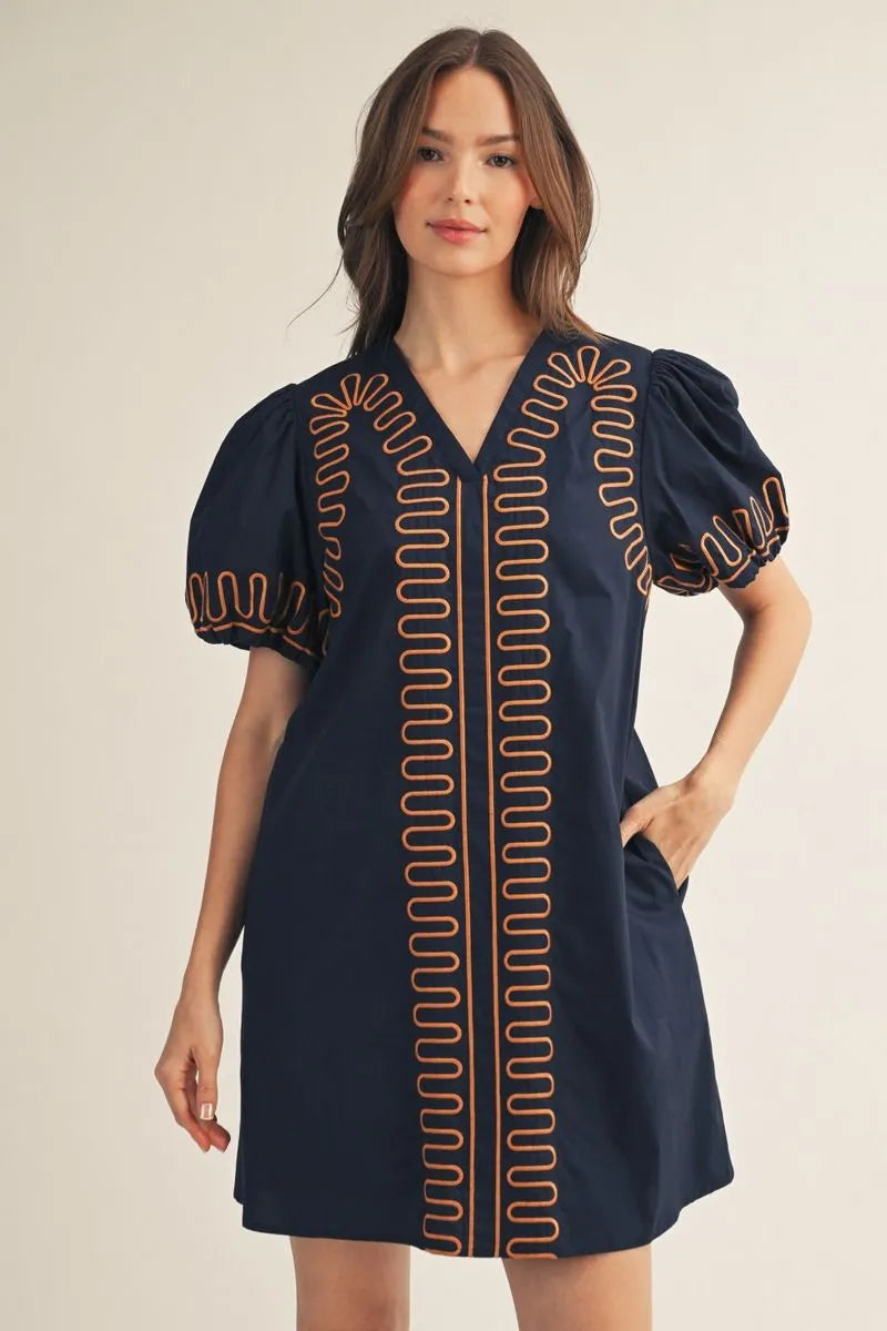 Jodifl Puff Sleeve Embroidered Shift Dress In Navy *COMING SOON*